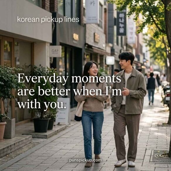 Best everyday korean pickup lines shown with a natural Korean street conversation, warm sunlight, and a sweet everyday romantic message.