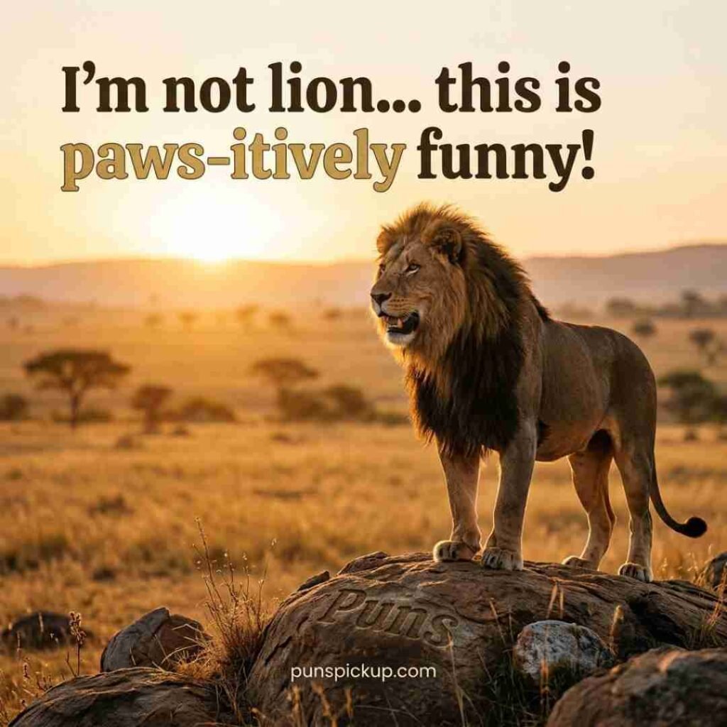 Funny lion Puns caption showing a playful realistic lion laughing on a rock with the humorous “I’m not lion… this is paws-itively funny!” message.