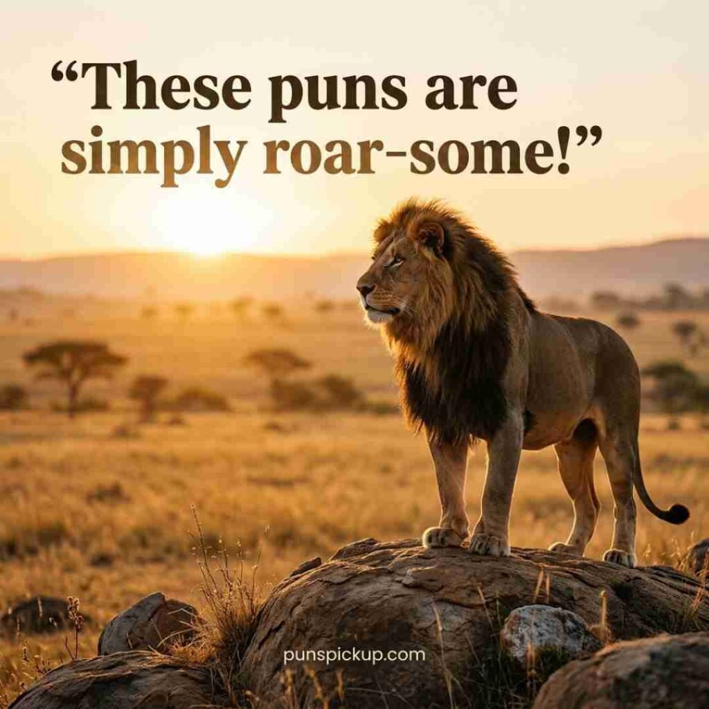 Best lion puns featuring a majestic lion in a golden African savanna with the prominent “These puns are simply roar-some!” quote and elegant Puns typography.