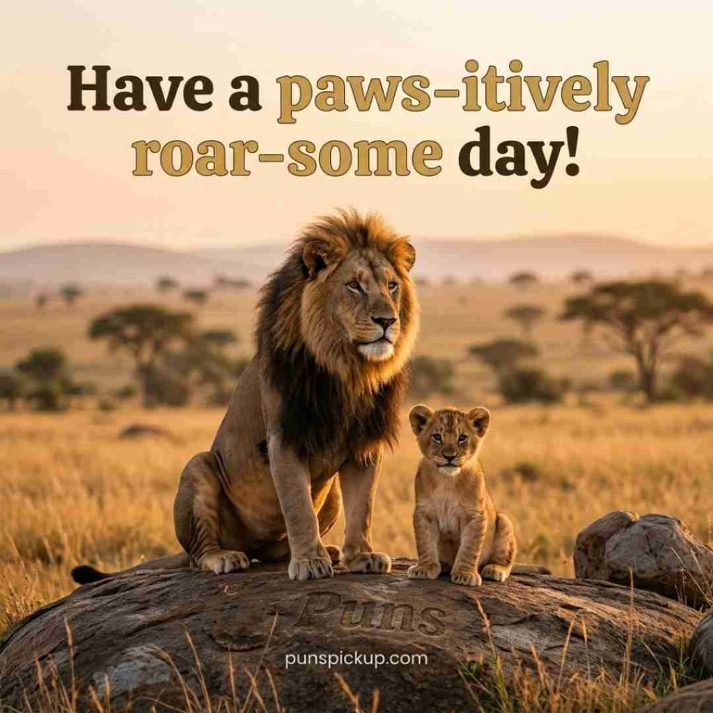 Lion Puns for kids featuring a realistic lion cub beside an adult lion with the cute “Have a paws-itively roar-some day!” saying in a sunny savanna.