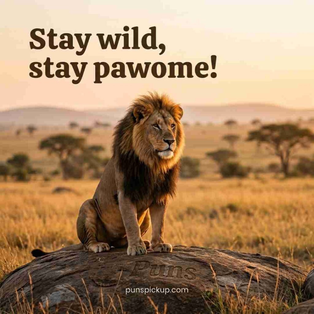 Lion Puns for Instagram featuring a confident male lion at golden hour with the stylish “Stay wild, stay pawsome!” social media caption.