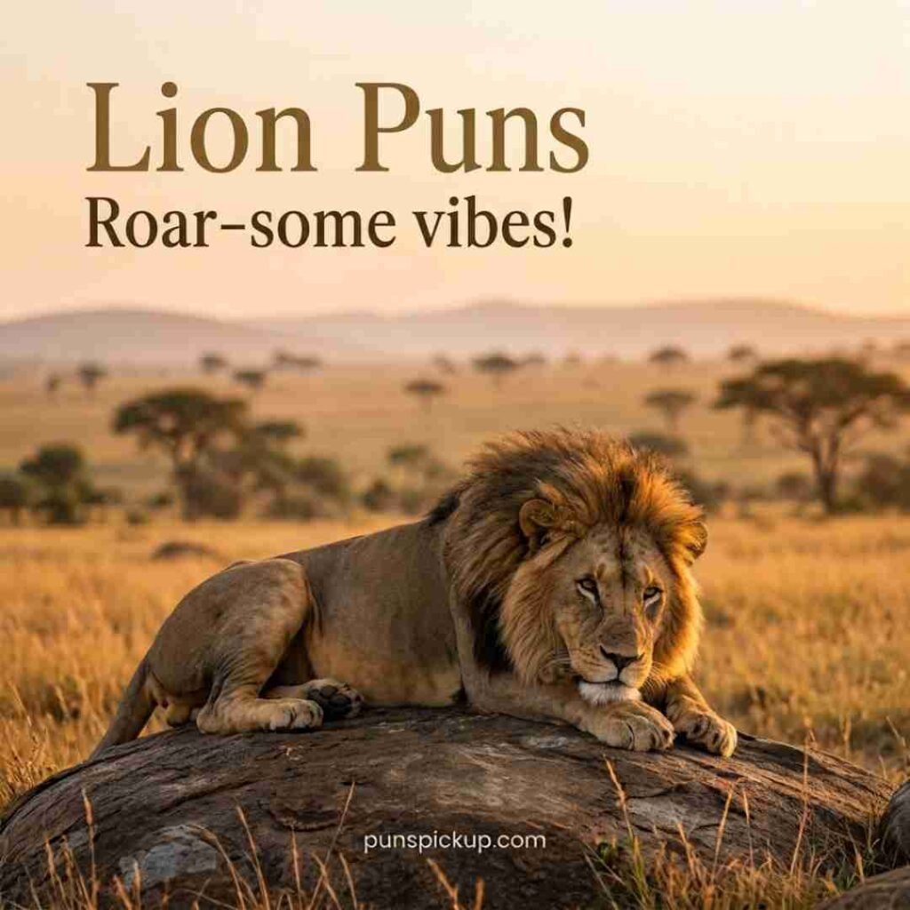 Short lion captions and mini Puns featuring a peaceful realistic lion resting on a sunlit rock with the simple “Roar-some vibes!” caption.