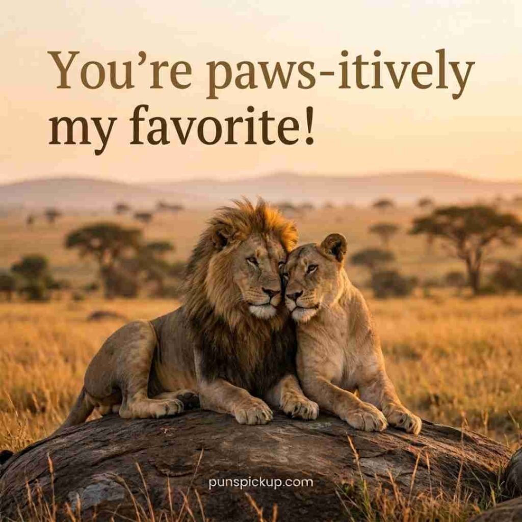 Cute lion Puns featuring a realistic lion and lioness sitting together at golden hour with the affectionate “You’re paws-itively my favorite!” message.