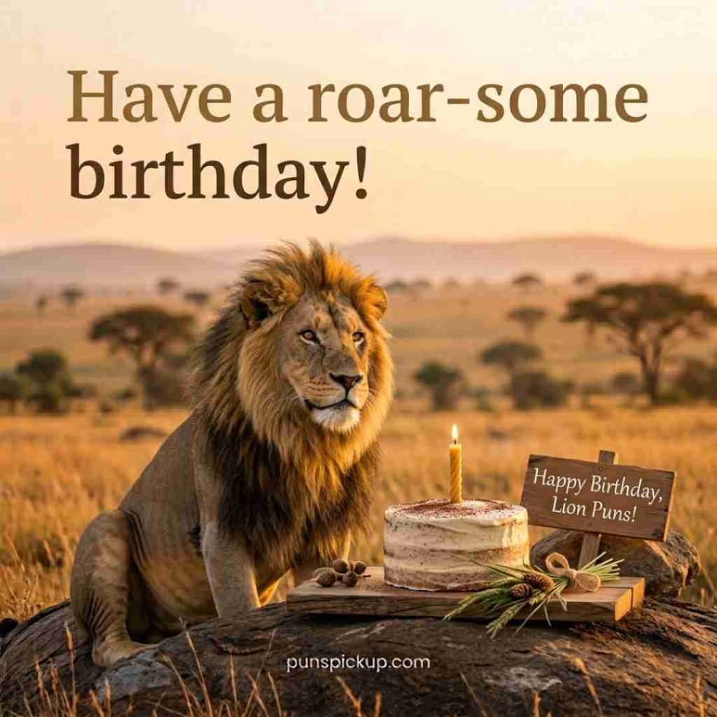 Lion birthday Puns featuring a cheerful realistic lion beside a simple birthday cake in a golden savanna with a “Have a roar-some birthday!” message.