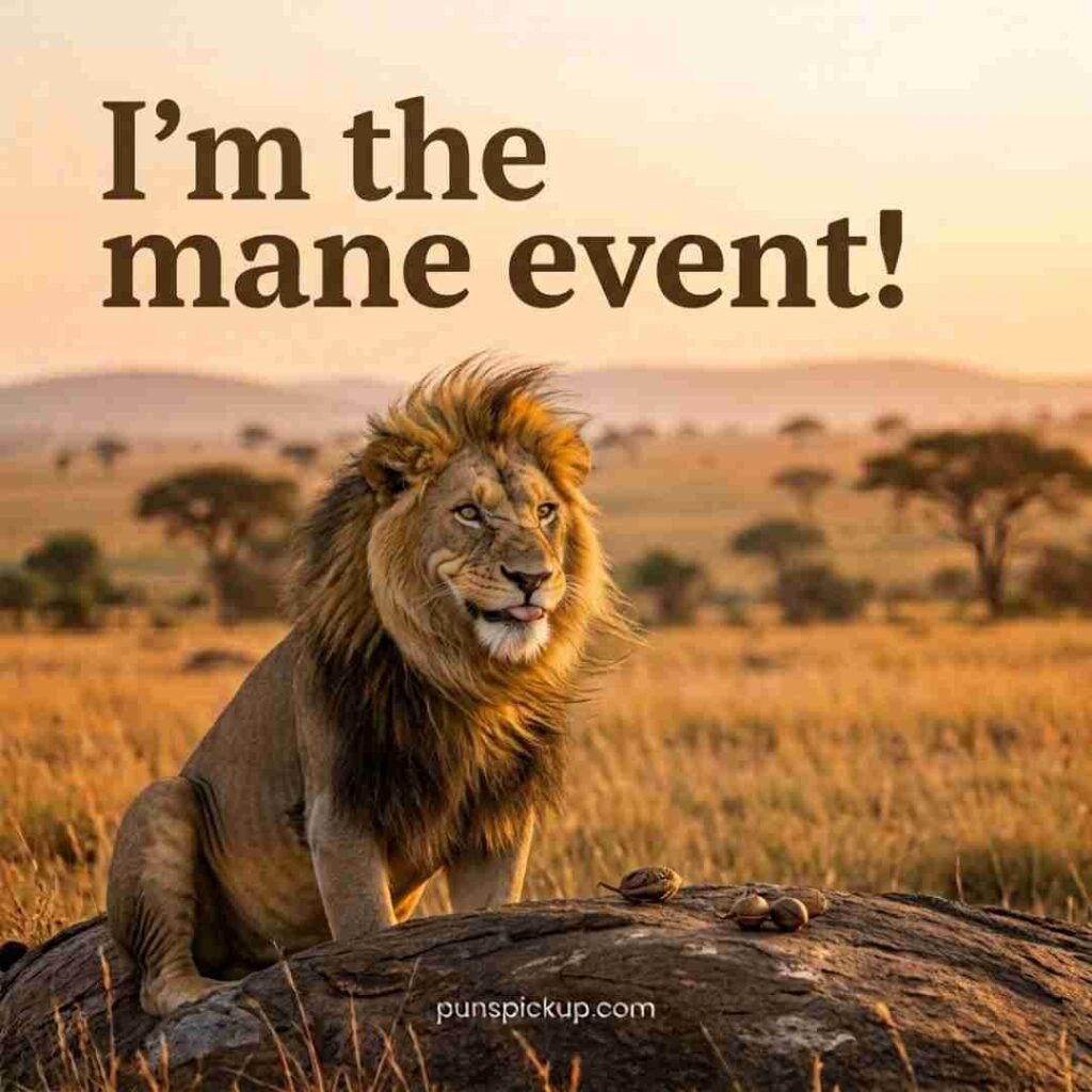 Funny lion one-liners with realistic lion Puns typography, featuring a playful male lion and the humorous “I’m the mane event!” caption.