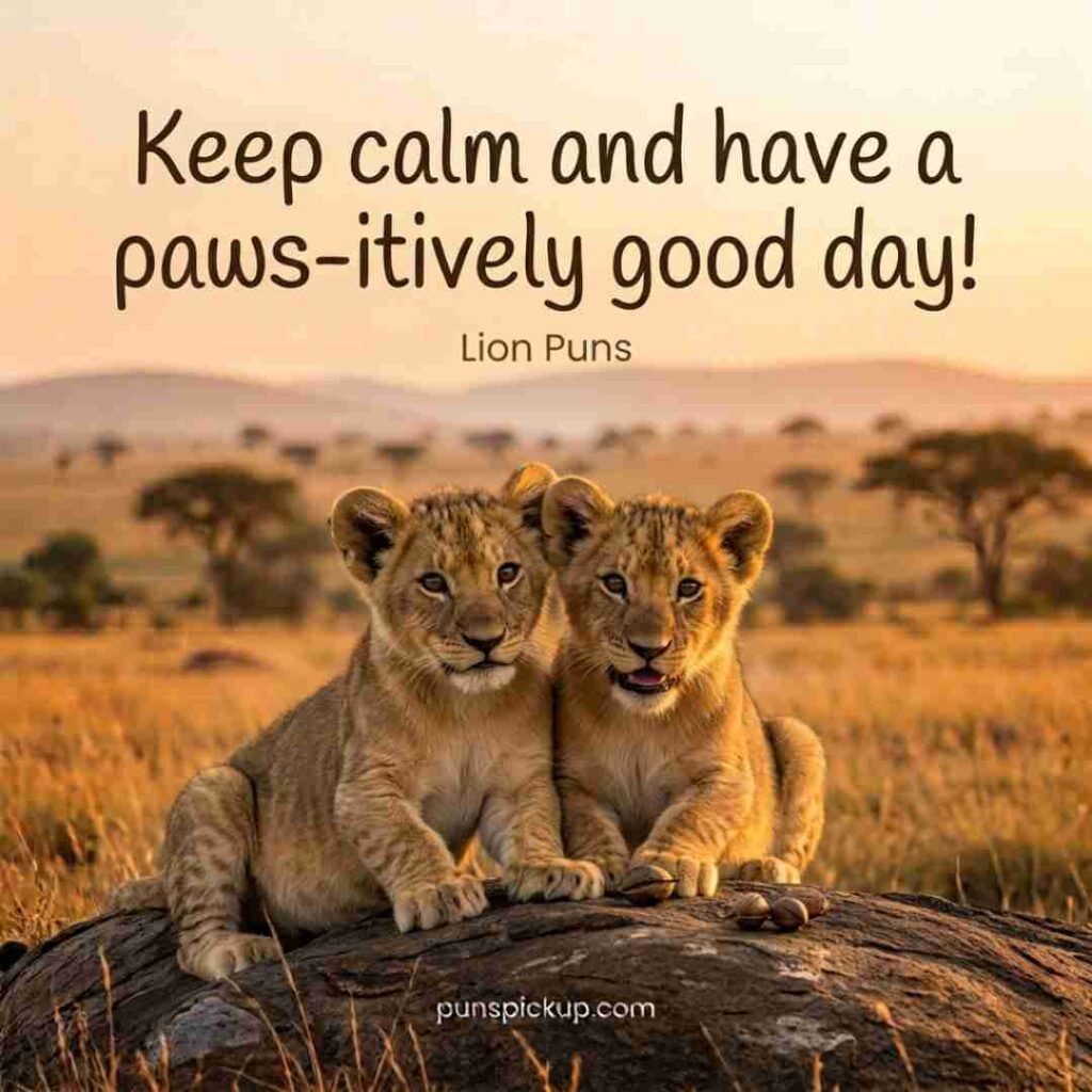 Clean and family-friendly lion Puns featuring two playful lion cubs in golden grass with the wholesome “Keep calm and have a paws-itively good day!” joke.