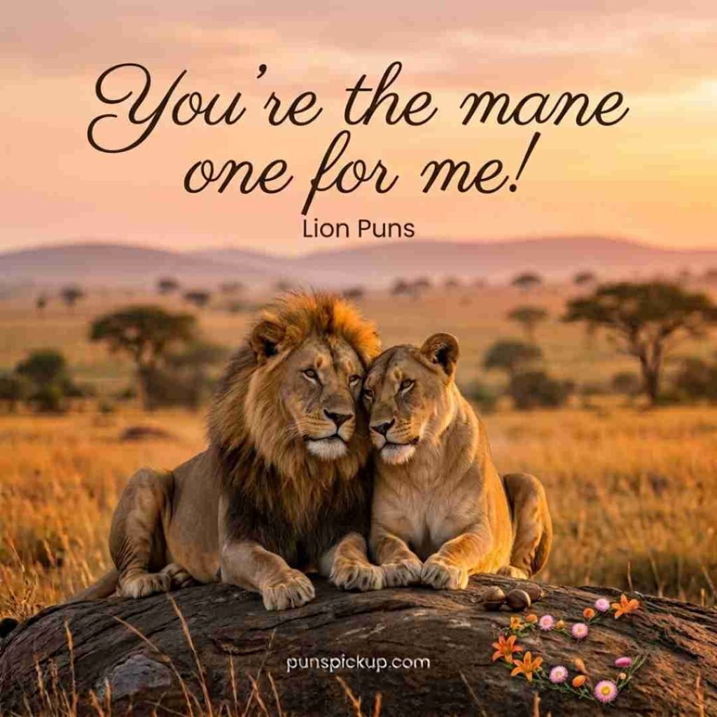 Valentine lion Puns featuring a realistic lion and lioness together at sunset with a romantic “You’re the mane one for me!” Valentine message.