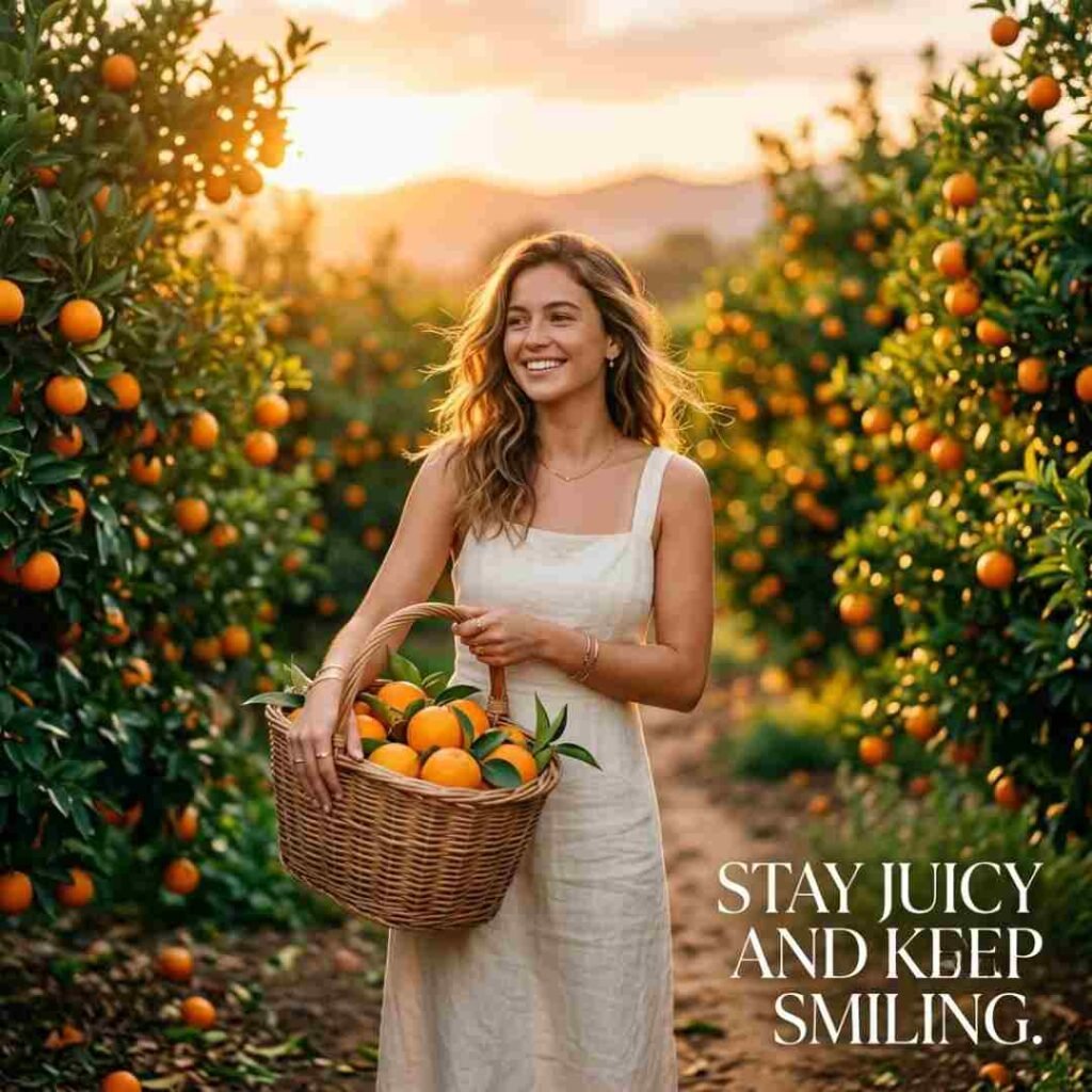 Orange puns Instagram image featuring fresh oranges in a citrus orchard with the quote "Stay juicy and keep smiling" in premium realistic photography.