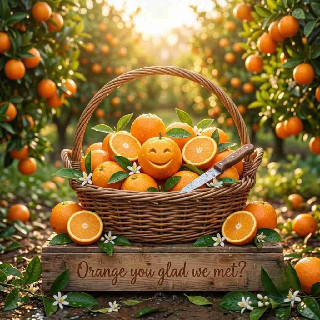 Funny orange puns image showing smiling fresh oranges in a sunny citrus orchard with the quote "Orange you glad we met?" in realistic photography style.