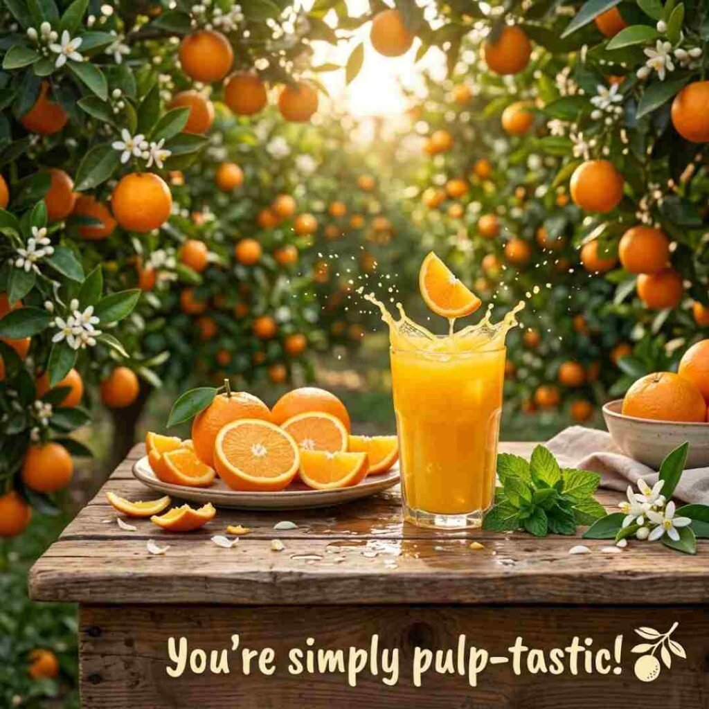Orange puns image featuring fresh orange juice, sliced oranges, and realistic orchard scenery with the quote "You're simply pulp-tastic!"