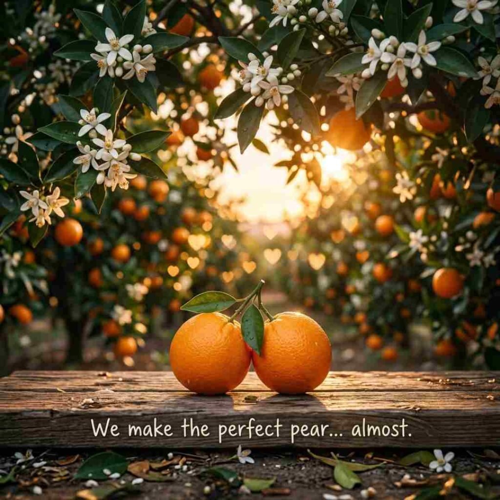 Orange puns about love image featuring two oranges together in a romantic citrus orchard with a playful love quote in realistic photography.