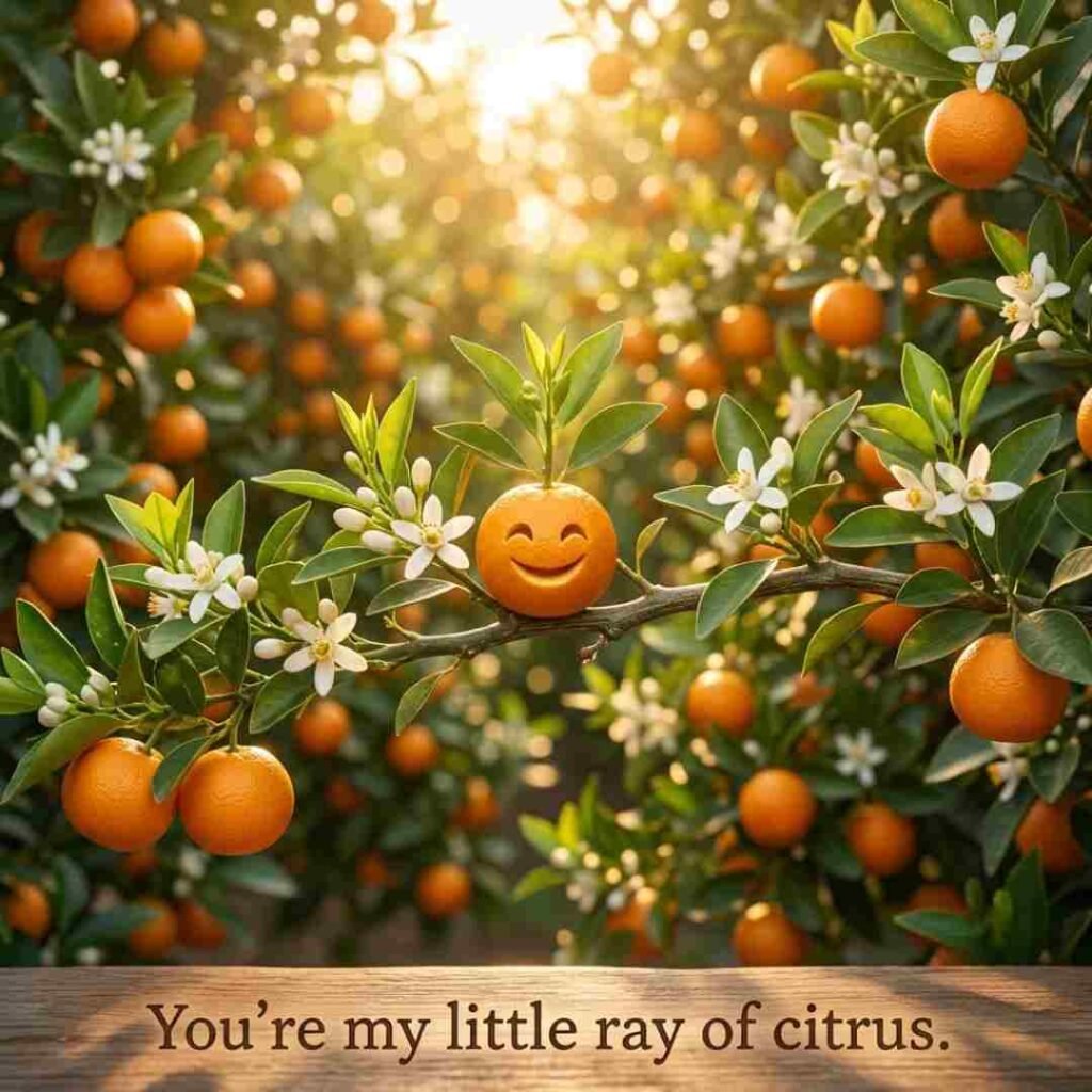 Cute orange puns image showing adorable oranges in a sunny citrus orchard with the quote "You're my little ray of citrus."