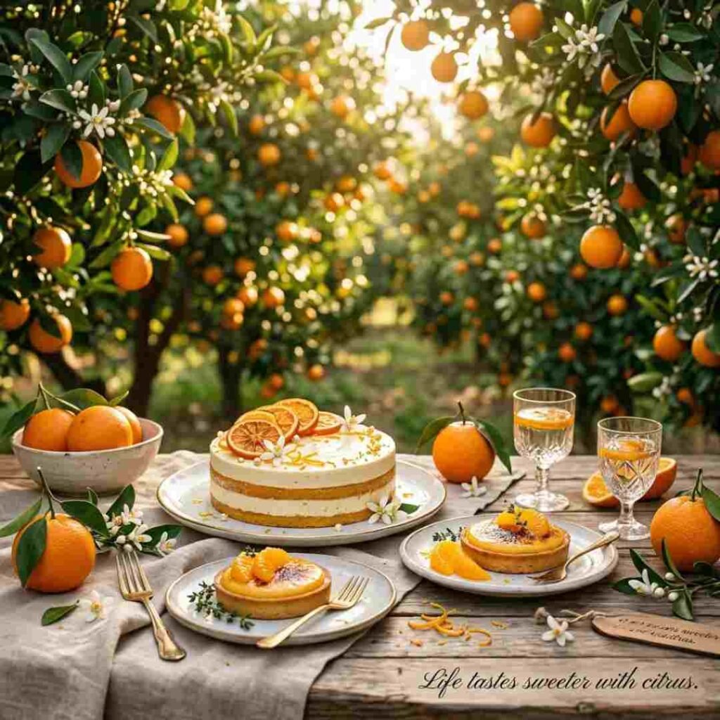 Orange puns for food lovers image featuring gourmet orange desserts and fresh citrus in a beautiful orchard with a food-inspired quote.