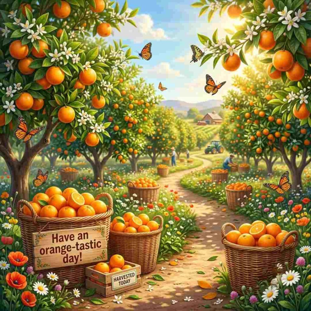 Funny orange puns for kids image featuring bright oranges in a colorful orchard with the cheerful quote "Have an orange-tastic day!"