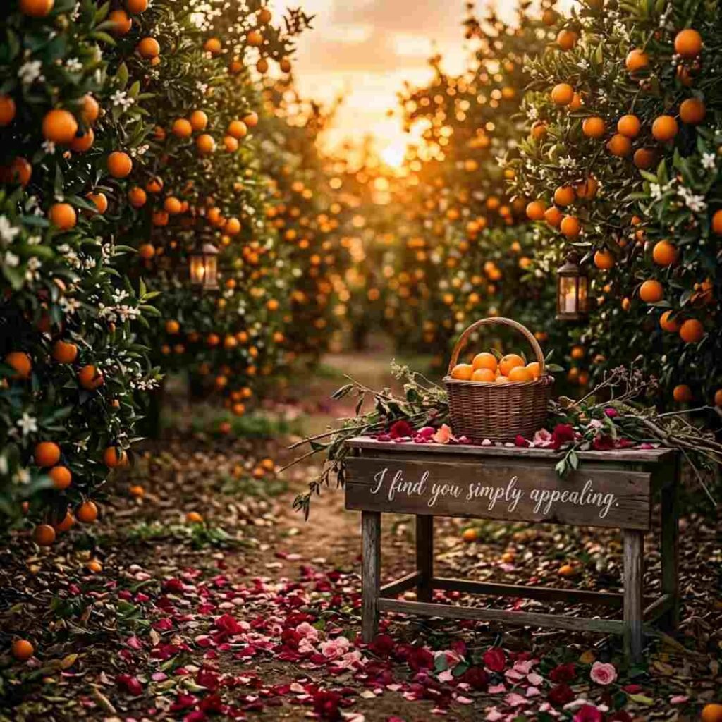 Valentine orange puns image showing romantic oranges in a glowing citrus orchard with the quote "I find you simply appealing."