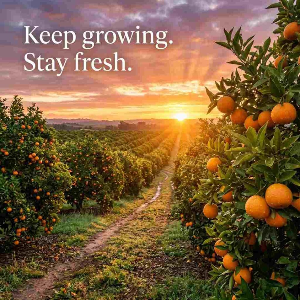 Motivational orange puns image showing a sunrise over a citrus orchard with the inspirational quote "Keep growing. Stay fresh."