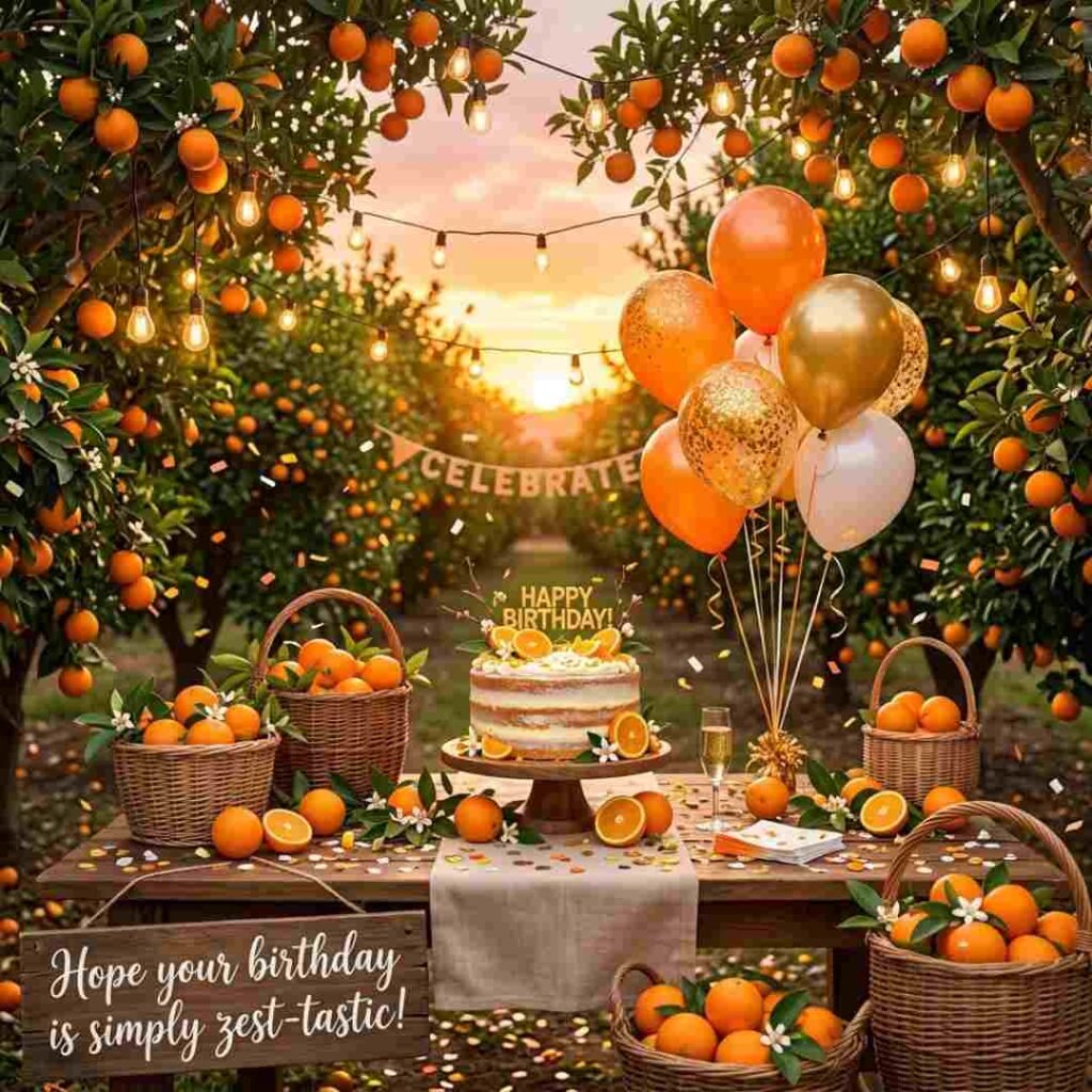 Orange puns birthday image featuring oranges, birthday decorations, and a festive orchard scene with the quote "Hope your birthday is simply zest-tastic!"