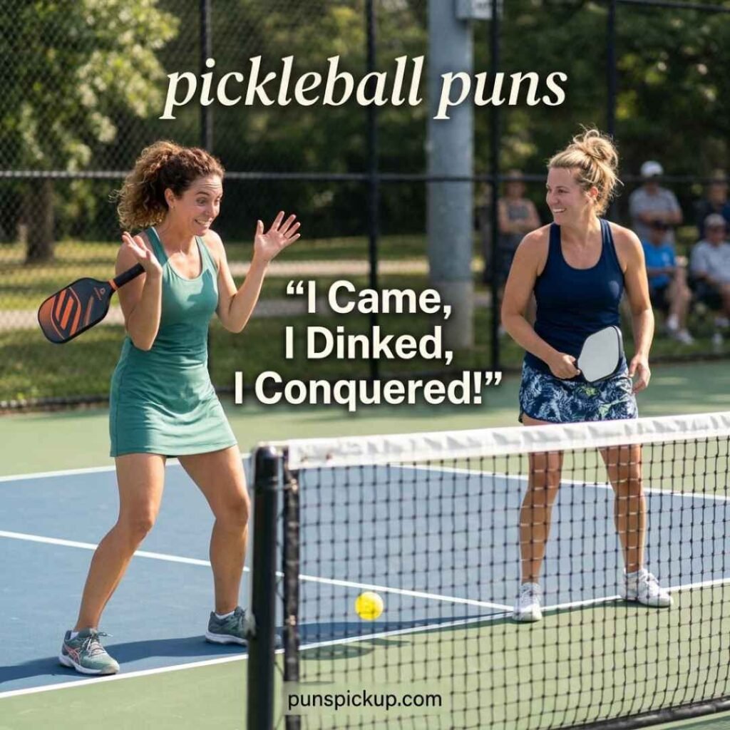 A realistic pickleball joke scene with two players on a sunny court, featuring pickleball puns and the saying “I Came, I Dinked, I Conquered!”