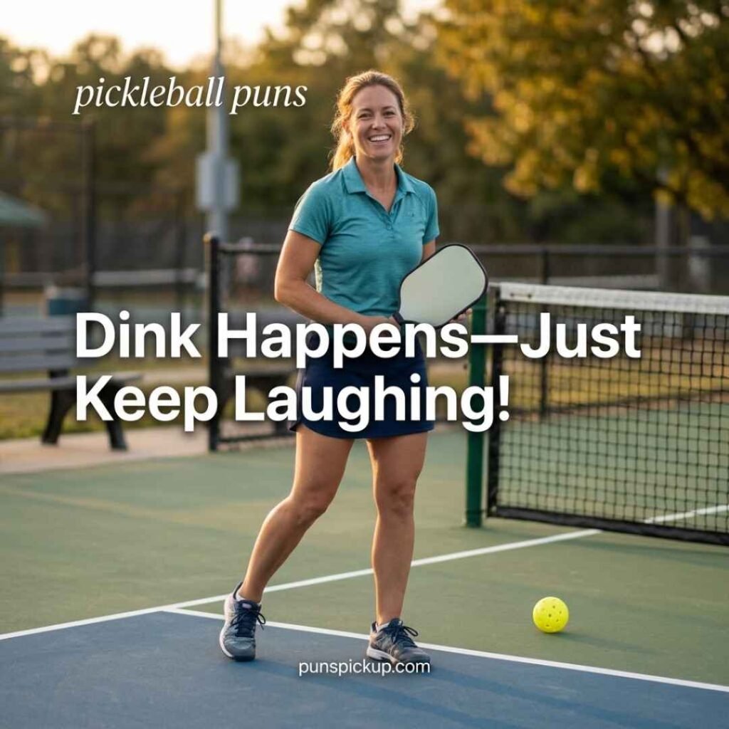 Pickleball puns and jokes featuring a smiling female player on a realistic outdoor court with the funny saying “Dink Happens—Just Keep Laughing!”