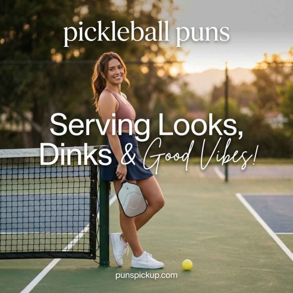 Stylish pickleball player on an outdoor court with pickleball puns for Instagram and the catchy saying “Serving Looks, Dinks & Good Vibes!”