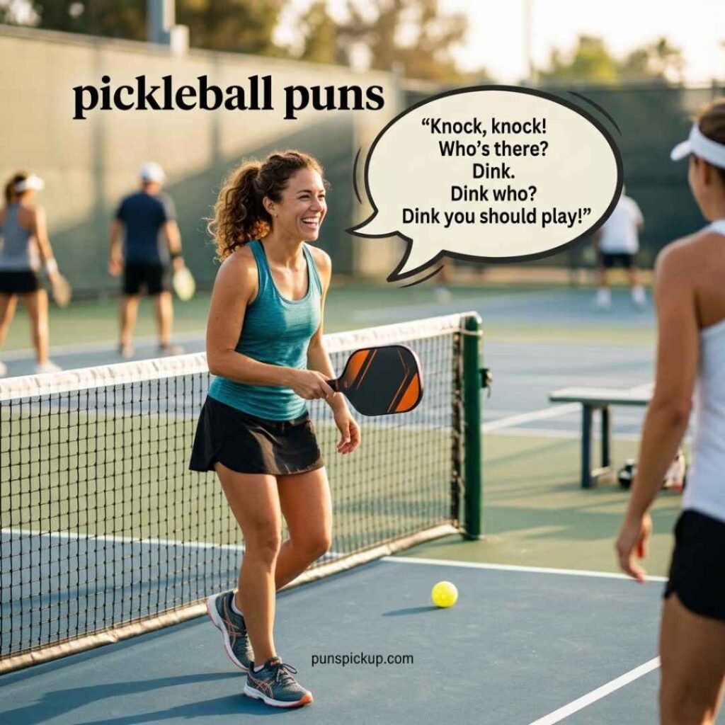 Funny knock-knock pickleball scene featuring a female player, a paddle, and pickleball puns with a playful “Knock, knock!” joke.
