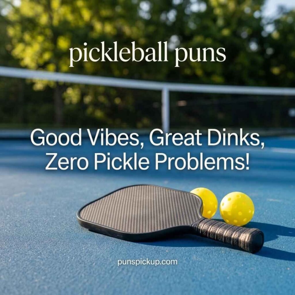 Realistic pickleball paddle and balls with a fun social caption, featuring pickleball puns and the message “Good Vibes, Great Dinks, Zero Pickle Problems!”