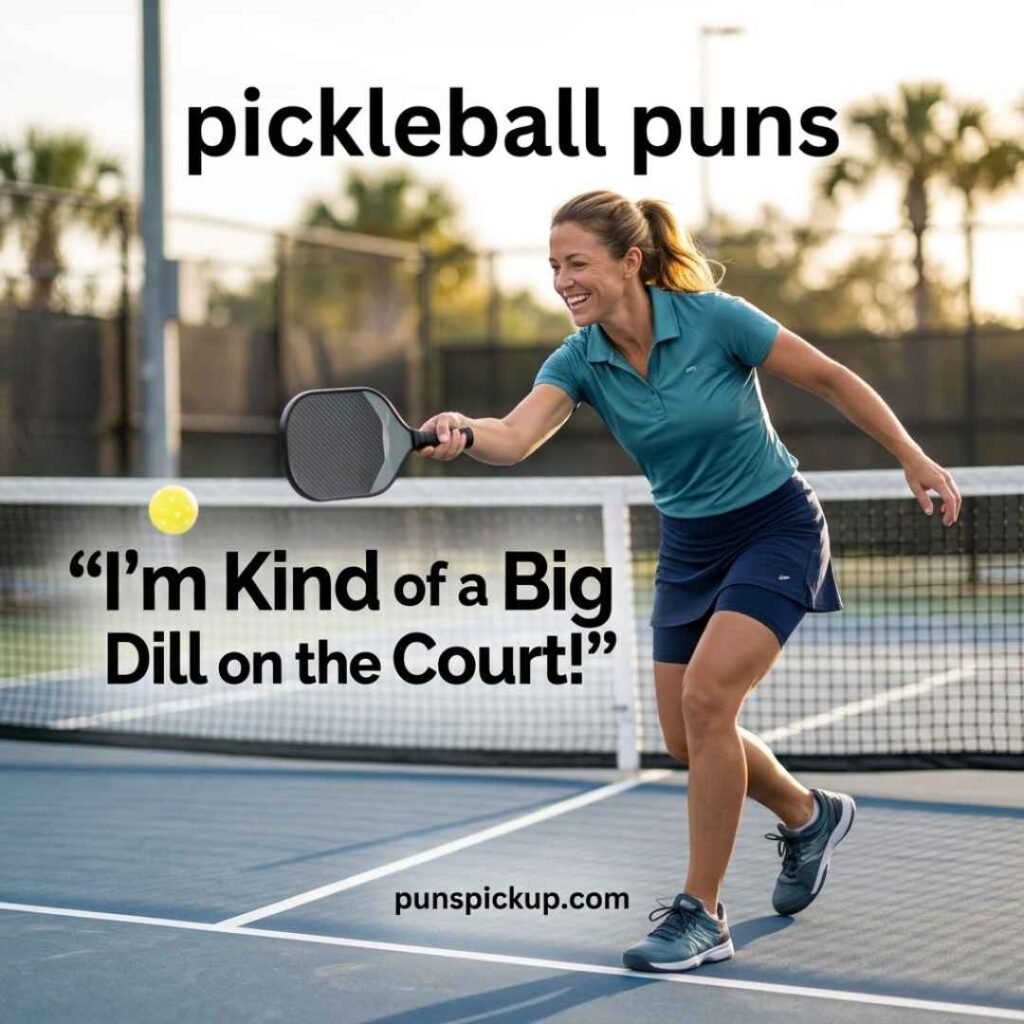 A pickleball player hitting a shot on a professional court with pickleball puns and the one-liner “I’m Kind of a Big Dill on the Court!”