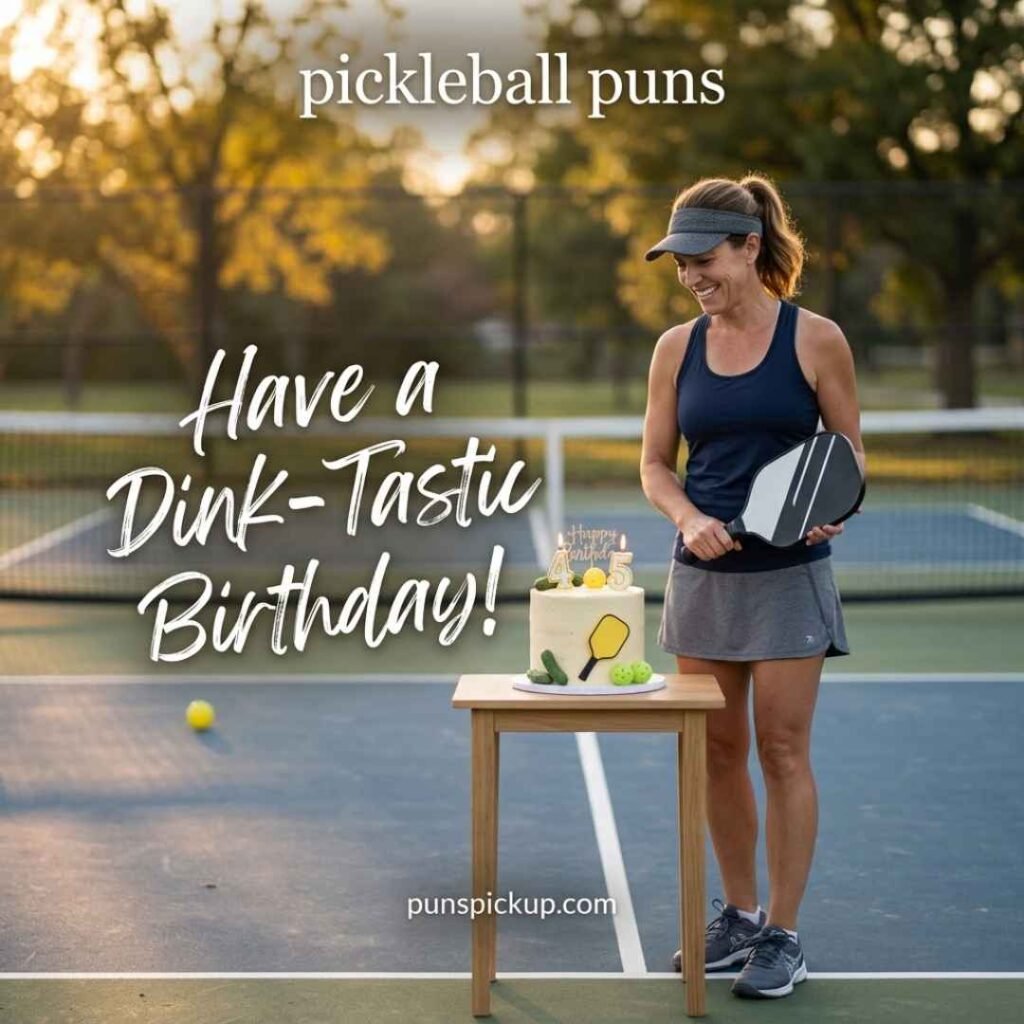 Birthday pickleball celebration with a female player, paddle, themed cake, and pickleball puns featuring the message “Have a Dink-Tastic Birthday!”
