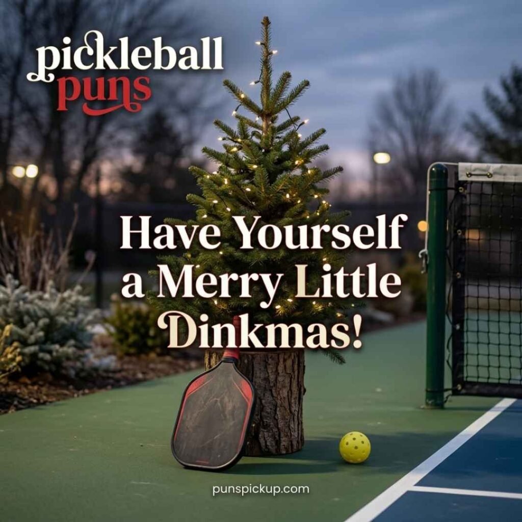 Christmas pickleball scene with a paddle, pickleball, and festive lights, featuring a pickleball puns holiday message: “Have Yourself a Merry Little Dinkmas!”