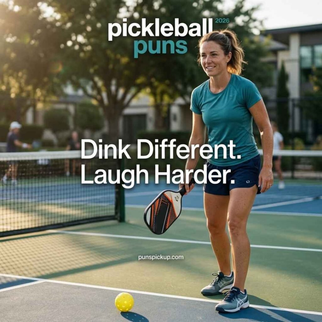 Modern 2026 pickleball player on a stylish court with trending pickleball puns, featuring the catchy saying “Dink Different. Laugh Harder.”
