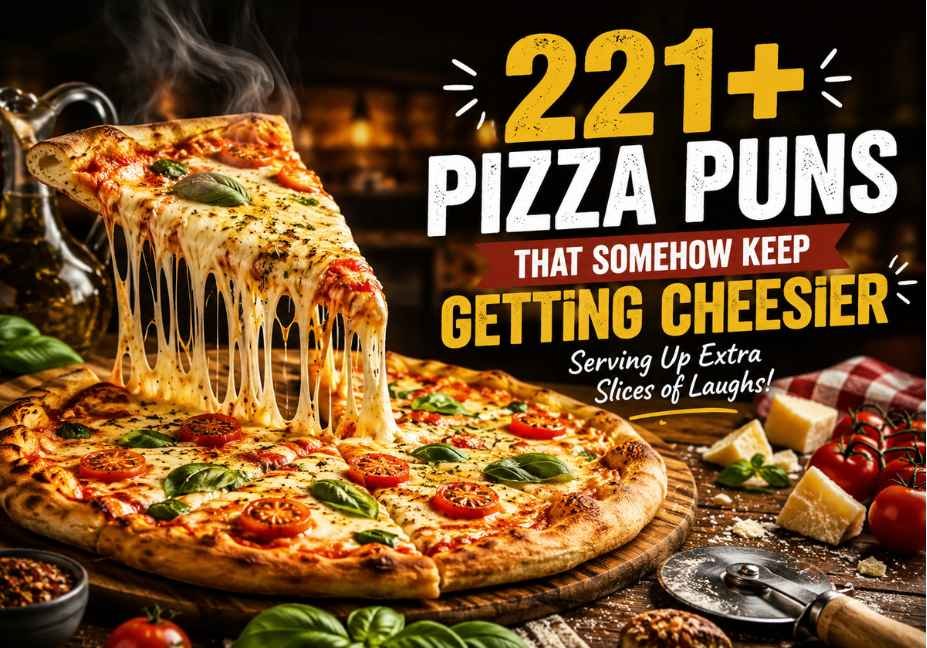 Pizza puns featured image showing a cheesy artisan pizza with melted cheese pull, fresh toppings, rustic pizzeria background, and the title “221+ Pizza Puns That Somehow Keep Getting Cheesier” in a premium food photography blog design.