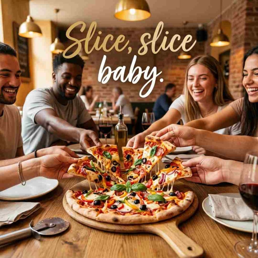Funny pizza puns image showing a pizza party scene with the quote “Slice, slice baby” in realistic food photography style.