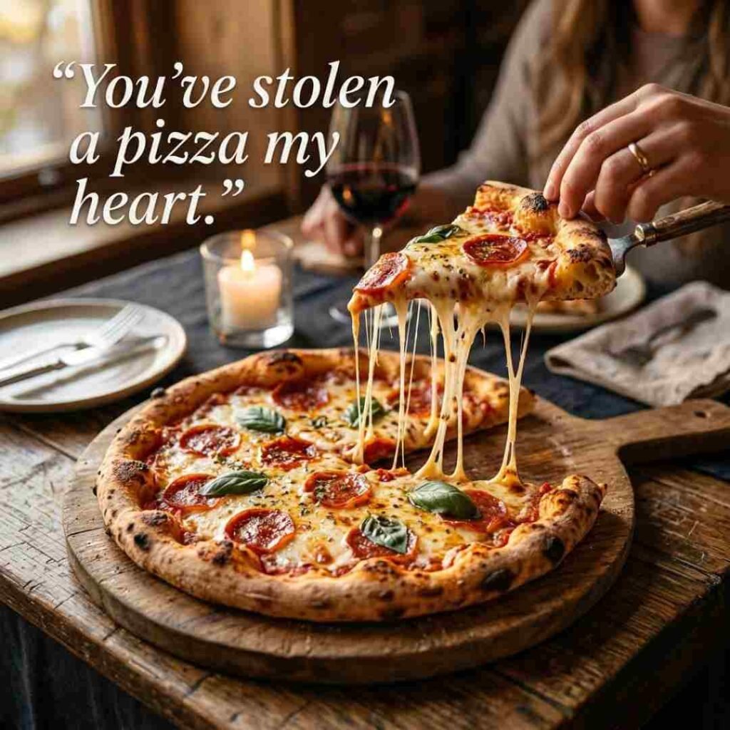Pizza puns image featuring a cheesy pizza with melted mozzarella and the quote “You’ve stolen a pizza my heart” in a realistic food photography setting.