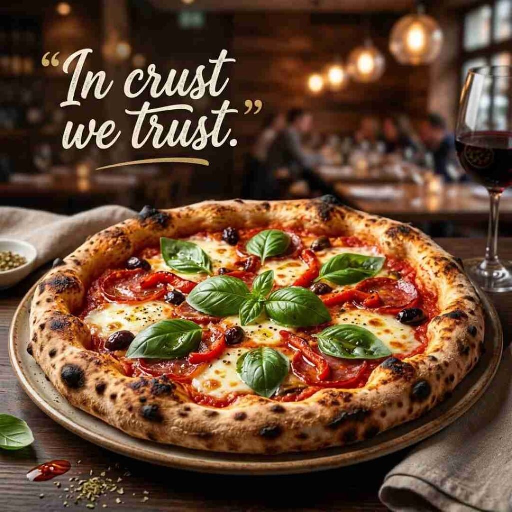 Clever pizza puns for Instagram image featuring gourmet pizza and the quote “In crust we trust” in a premium restaurant setting.