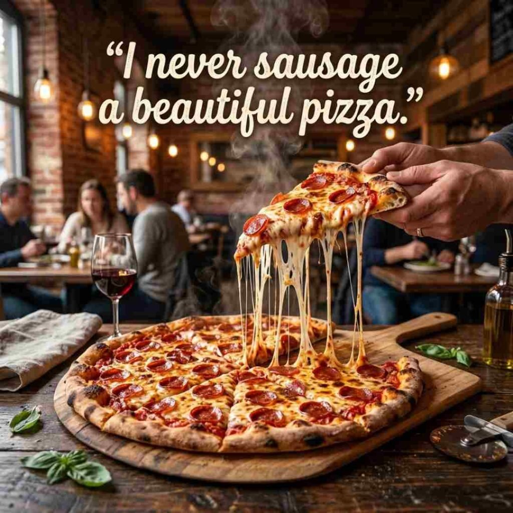 Funny pizza puns one liner image showing pepperoni pizza and the phrase “I never sausage a beautiful pizza” in realistic food photography.