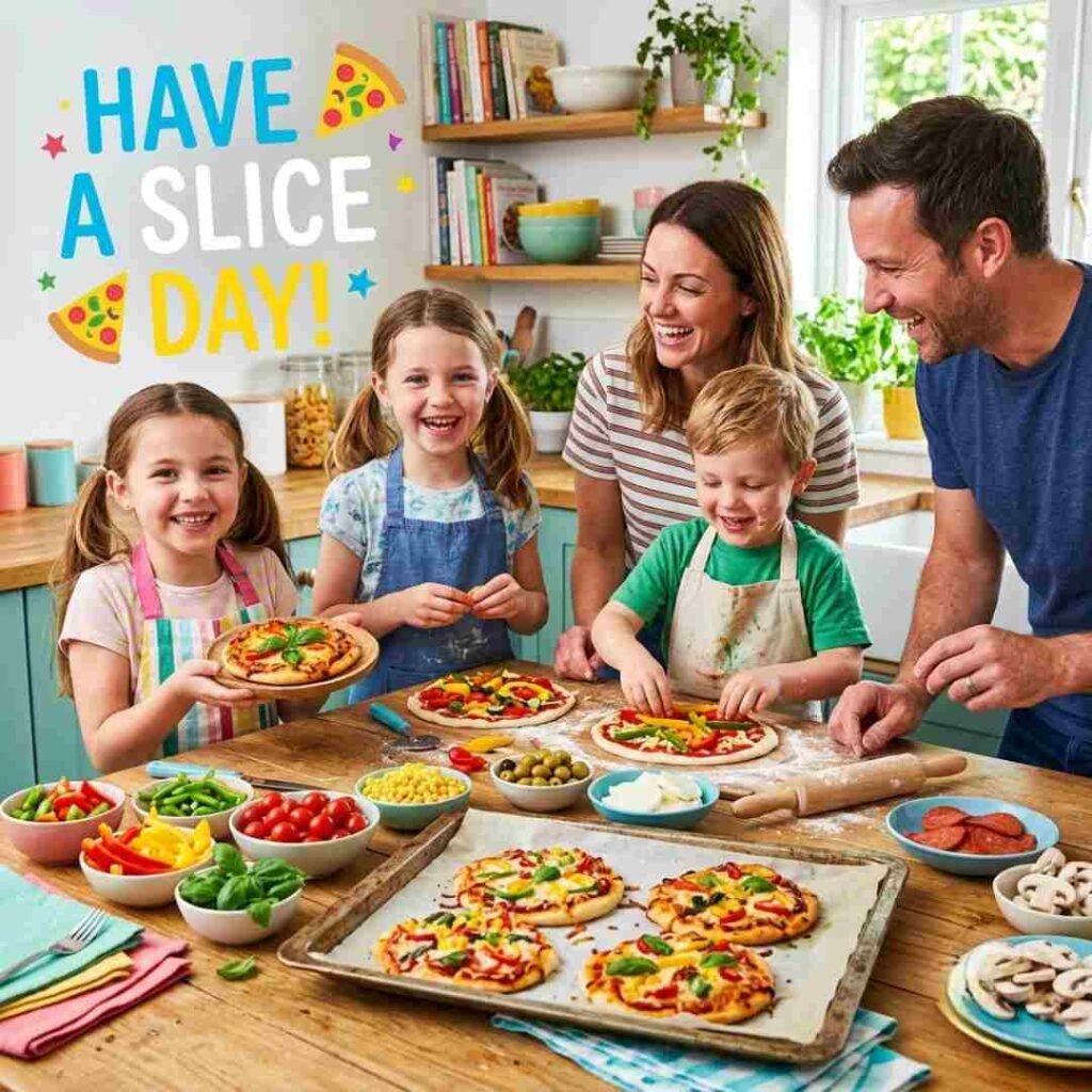 Pizza puns for kids image featuring colorful mini pizzas and the cheerful message “Have a slice day” in a family-friendly setting.