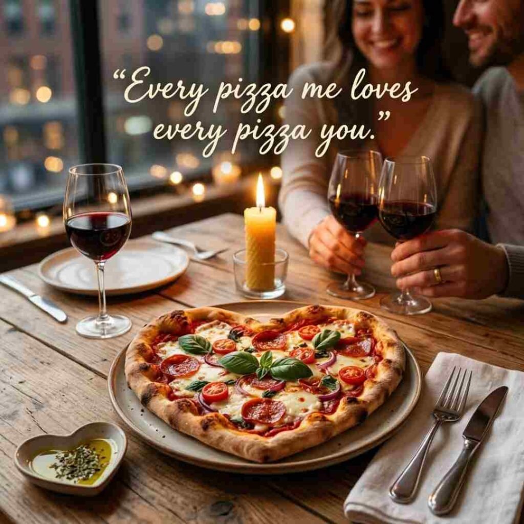 Cute pizza puns image with heart-shaped pizza and the quote “Every pizza me loves every pizza you” in a romantic dining setting.