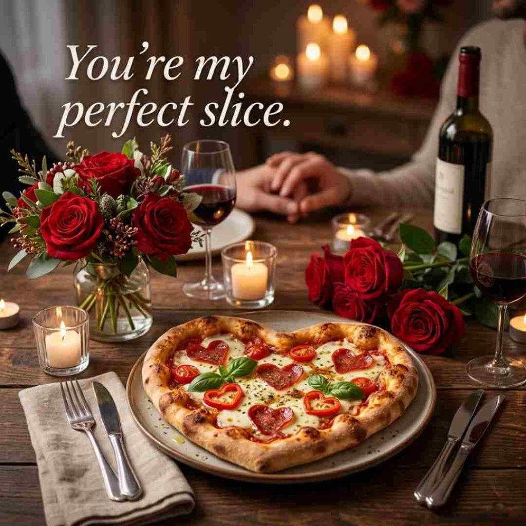 Pizza love puns image featuring a romantic pizza dinner and the quote “You’re my perfect slice” in a Valentine-themed setting.