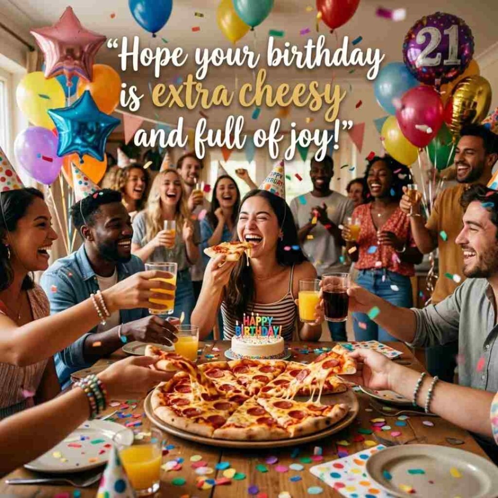 Pizza birthday puns image featuring a birthday pizza party and the message “Hope your birthday is extra cheesy and full of joy.”