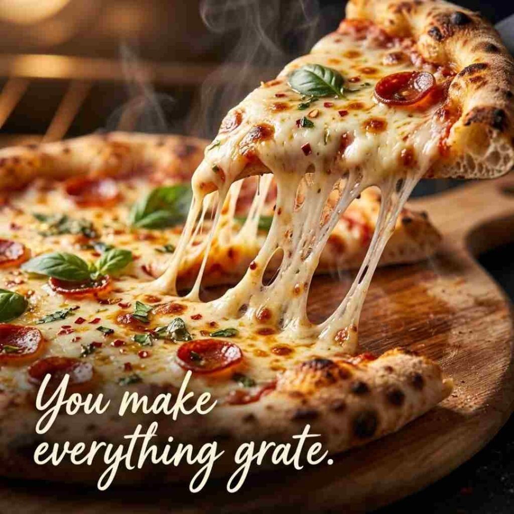 Cheese pizza puns image featuring melted cheese pizza and the quote “You make everything grate” in high-end food photography style.