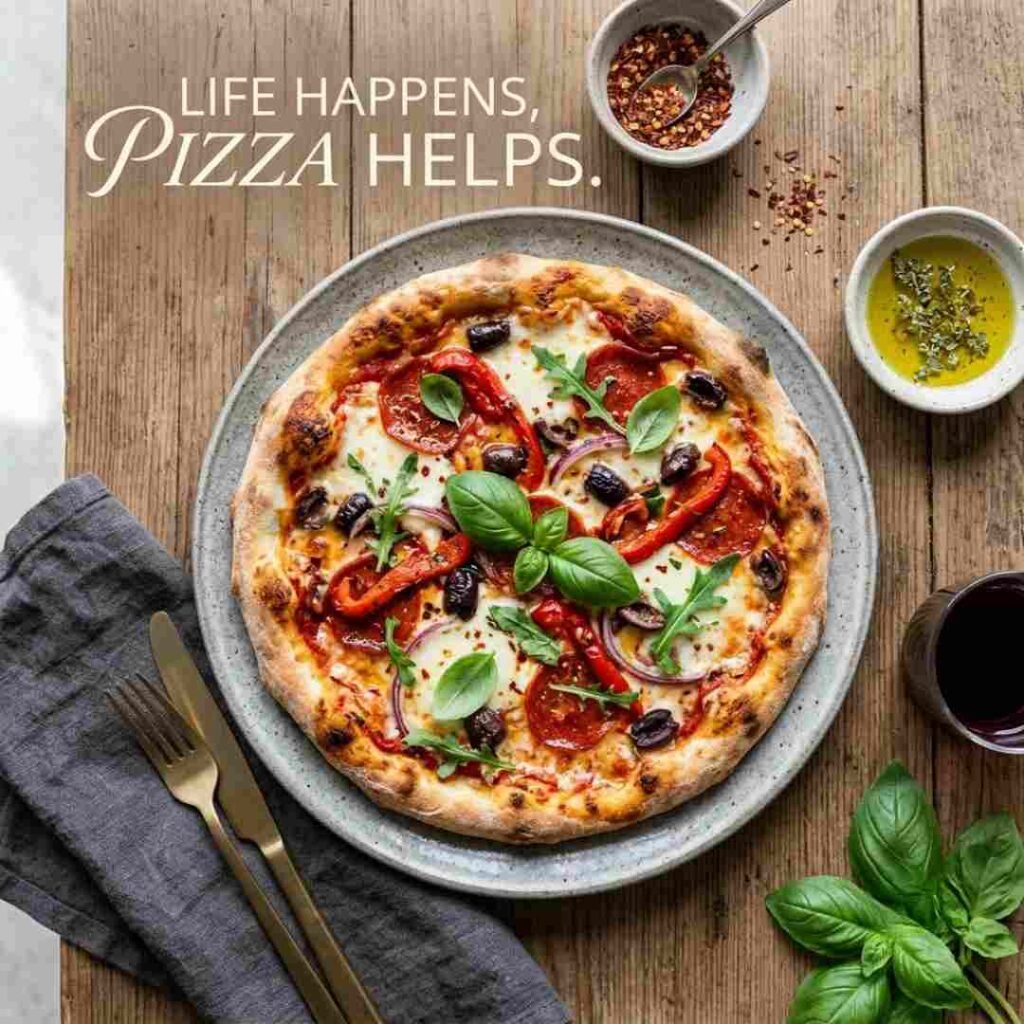 Witty pizza puns for social media image showing a stylish pizza flat lay and the quote “Life happens, pizza helps.”