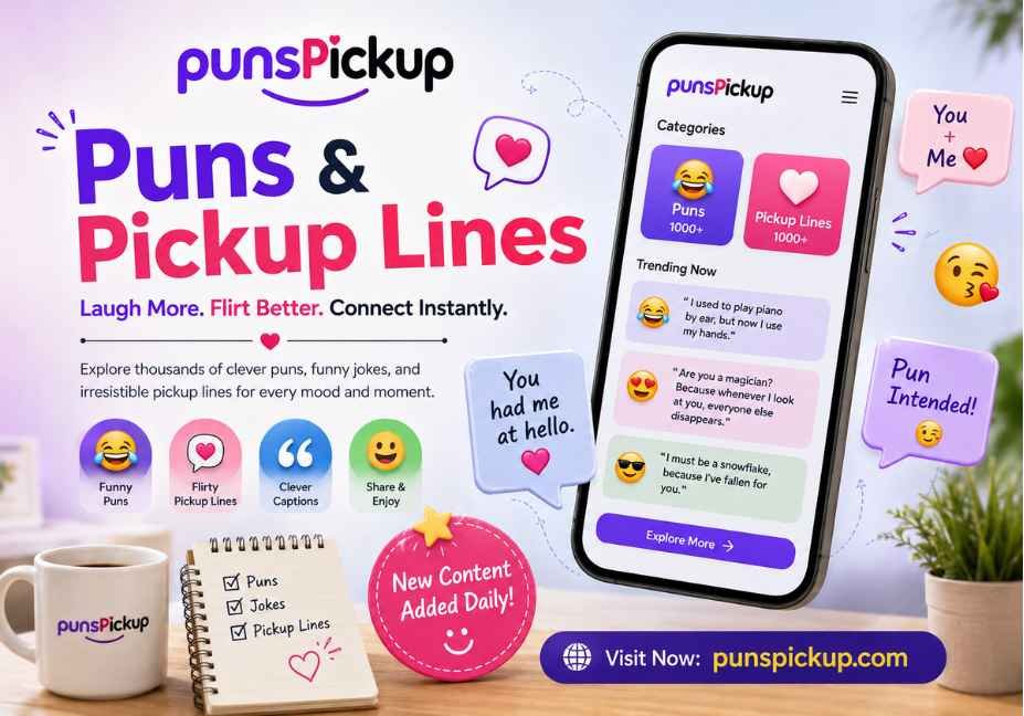 PunsPickup website preview displaying thousands of trending funny puns, flirty pickup lines, and clever captions on a smartphone app interface.