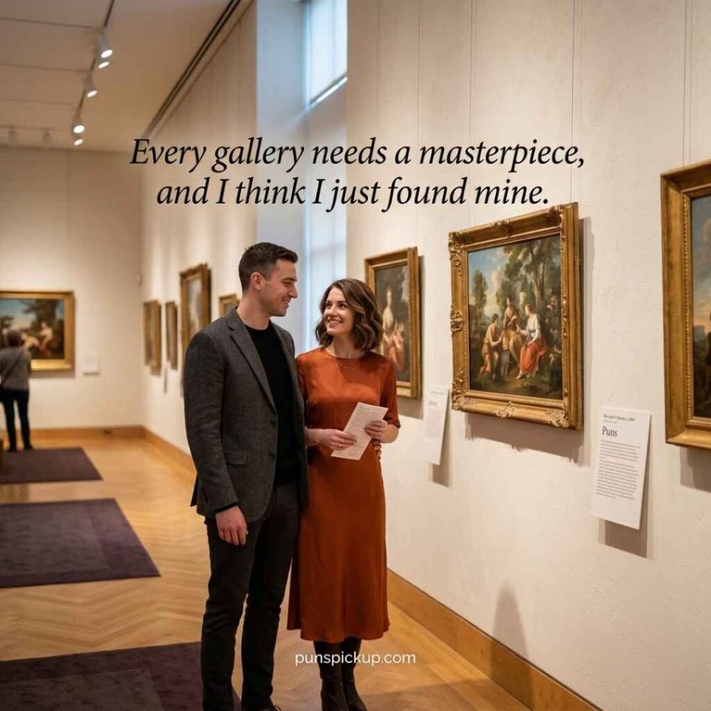 Romantic museum moment with Puns and a charming art-inspired pickup line displayed in an elegant gallery.