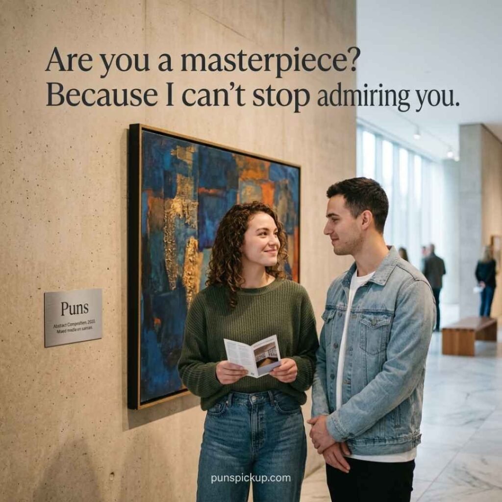 Puns-inspired art museum scene featuring a crush and a romantic masterpiece pickup line in a realistic gallery.
