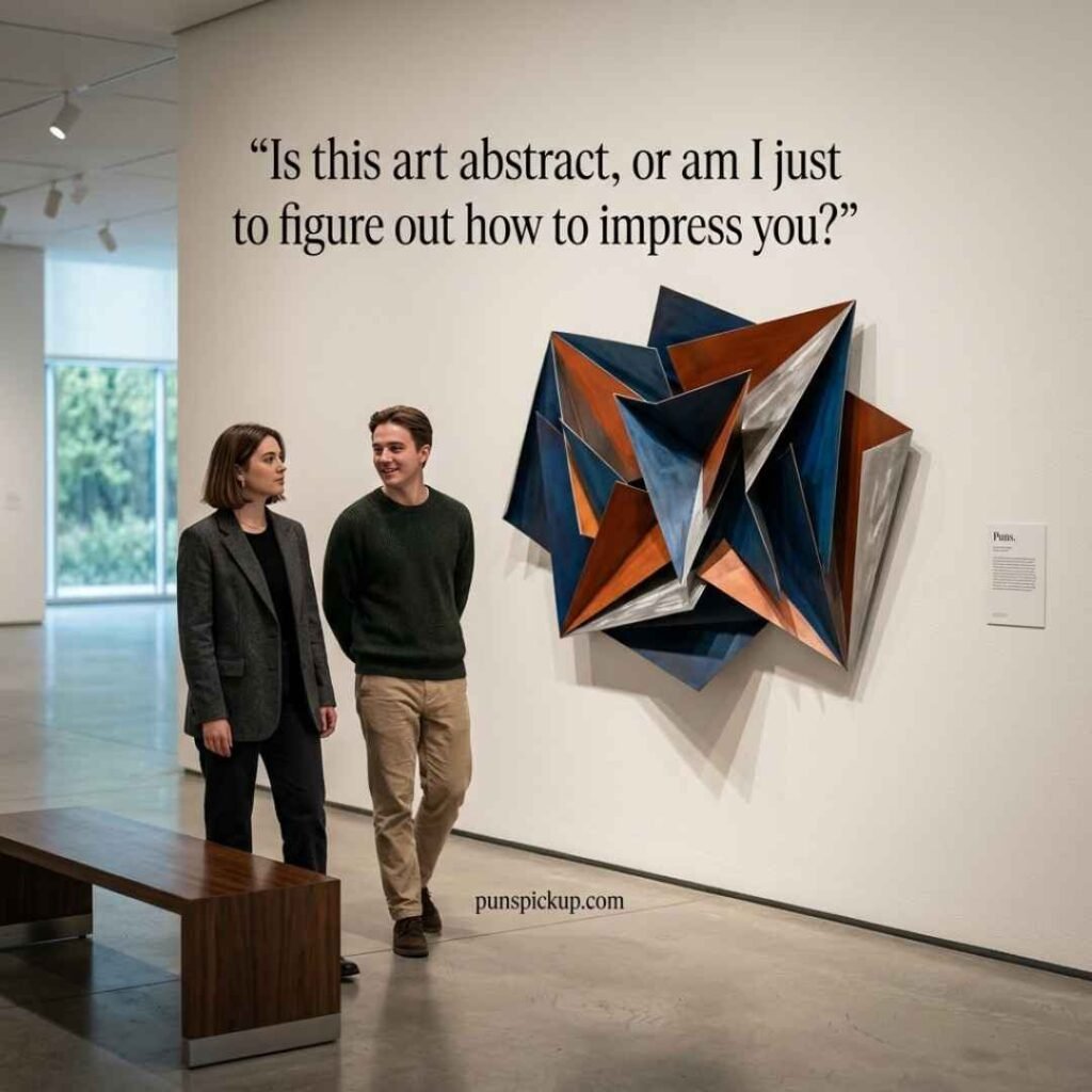 Unique art gallery scene using Puns with a clever pickup line beside a modern abstract masterpiece.