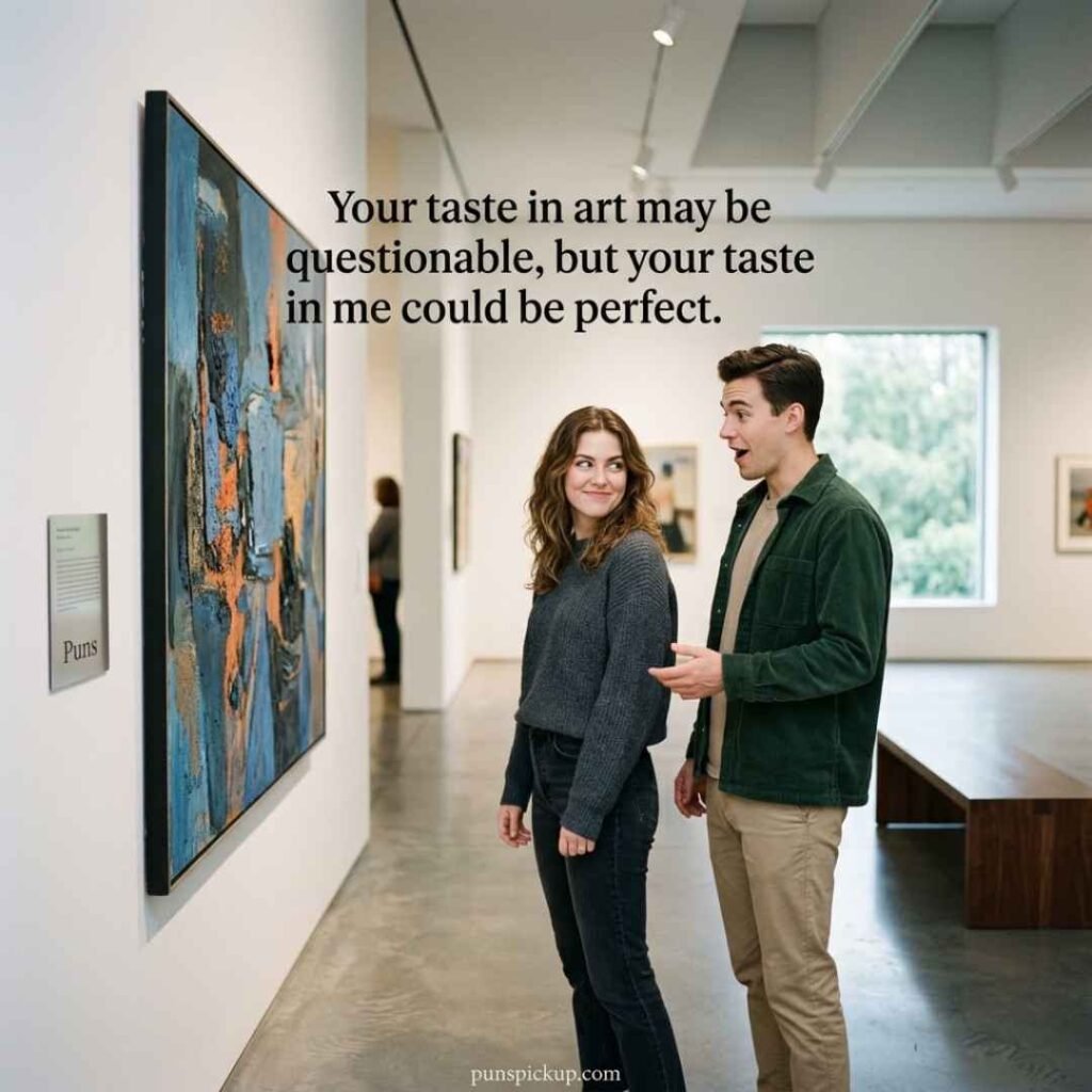 Playfully bold museum scene featuring Puns and a confident art-inspired pickup line between two visitors.
