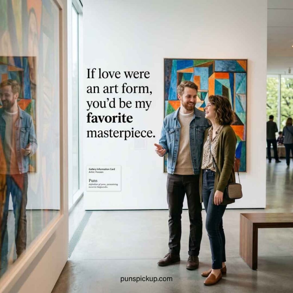 Creative museum romance featuring Puns, colorful artwork, and a memorable masterpiece pickup line.
