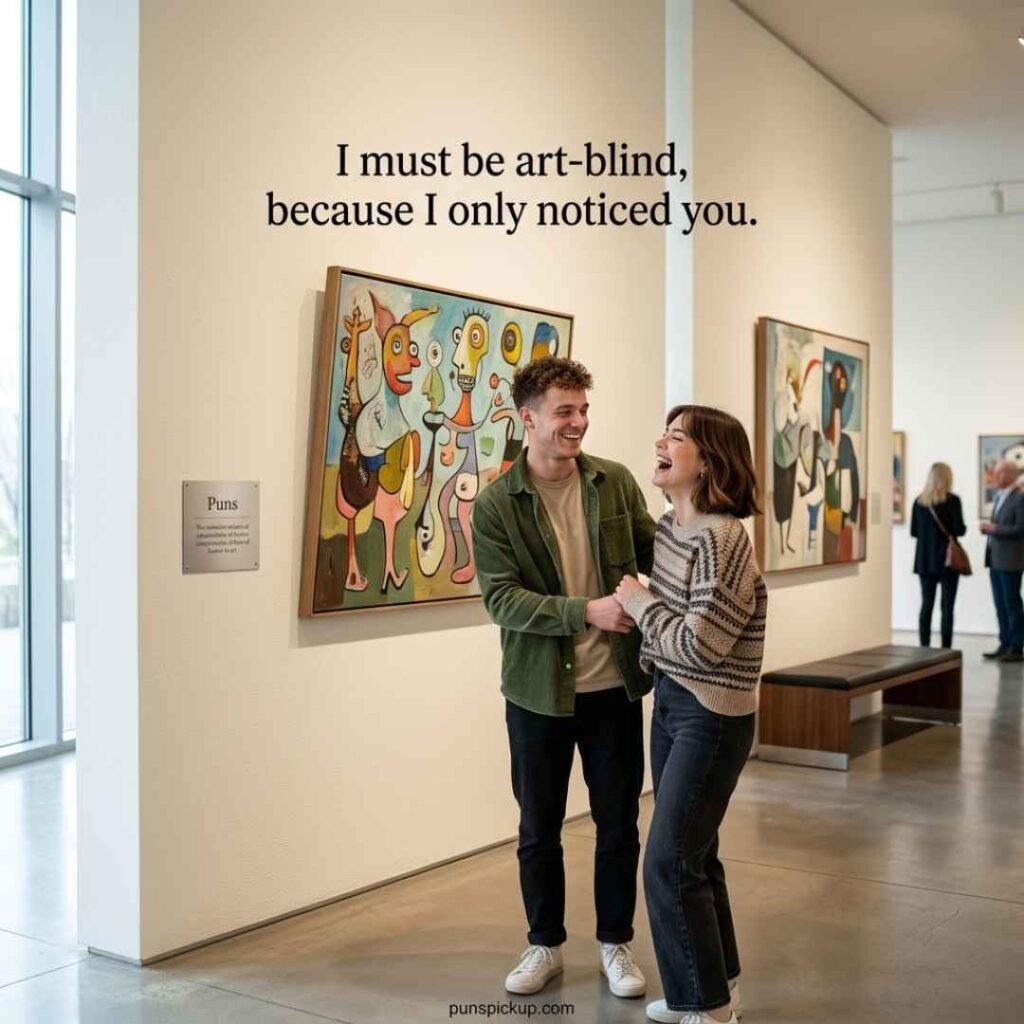 Funny art museum scene with Puns, laughing visitors, and a playful pickup line inspired by museum romance.