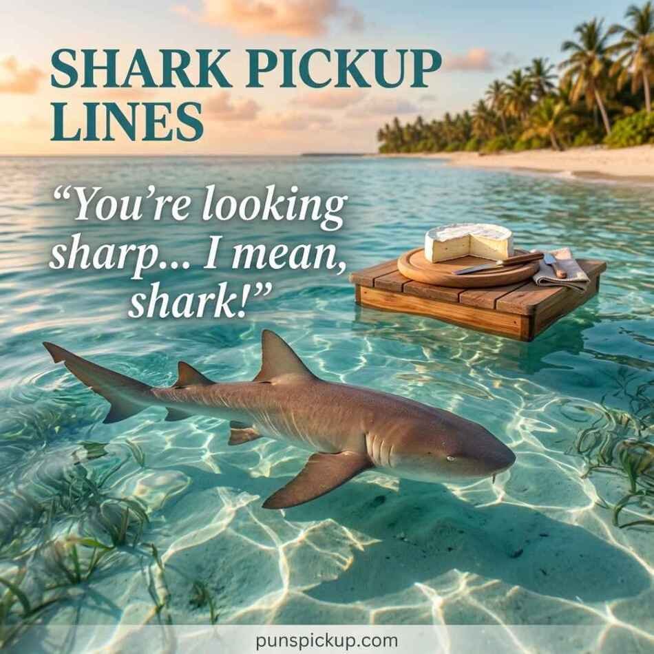 Realistic ocean scene featuring a shark, cheese-themed details, and shark pickup lines with a playful cheesy saying.