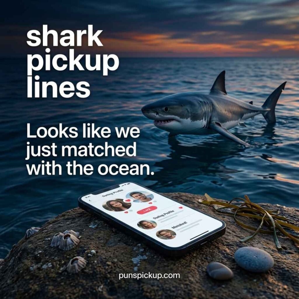 Modern dating-themed ocean image featuring a realistic shark, smartphone, and shark pickup lines for a Tinder-inspired blog section.